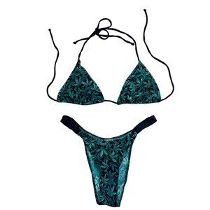 Vintage 80s 90s Marijuana Pot Leaf Hi Cut Triangle Bikini Set Exotic Dancer Wear